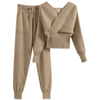 Costum elegant, scurt, sexy, cu decolteu în V, cu umăr gol, pentru femei, primăvară și toamnă 2025, set nou tricotat din două piese