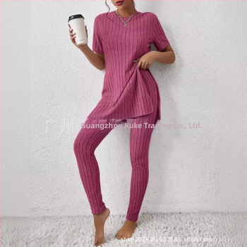 2025 Nový európsky a americký pletený oblek z Amazonu, ležérny slim-fit oblek, jednofarebný rebrovaný dlhý nohavicový oblek pre ženy