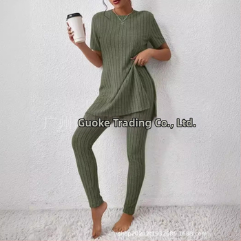 2025 Nový európsky a americký pletený oblek z Amazonu, ležérny slim-fit oblek, jednofarebný rebrovaný dlhý nohavicový oblek pre ženy