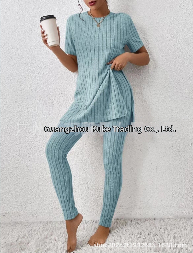 2025 Nový európsky a americký pletený oblek z Amazonu, ležérny slim-fit oblek, jednofarebný rebrovaný dlhý nohavicový oblek pre ženy