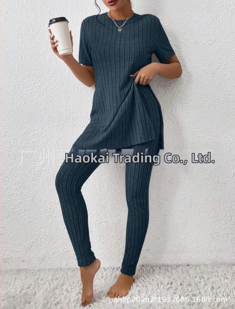 2025 Nový európsky a americký pletený oblek z Amazonu, ležérny slim-fit oblek, jednofarebný rebrovaný dlhý nohavicový oblek pre ženy