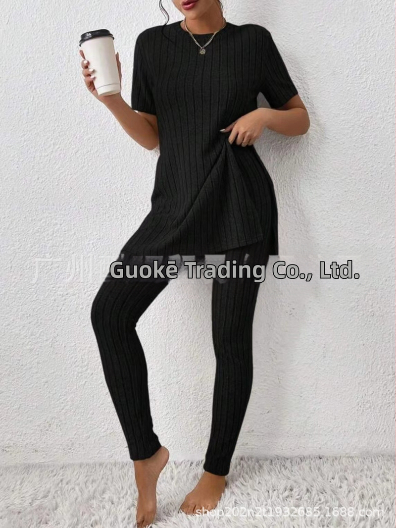 2025 Nový európsky a americký pletený oblek z Amazonu, ležérny slim-fit oblek, jednofarebný rebrovaný dlhý nohavicový oblek pre ženy