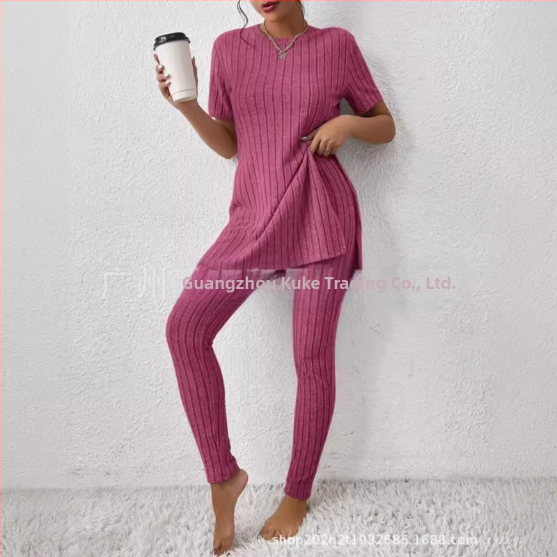 2025 Nový európsky a americký pletený oblek z Amazonu, ležérny slim-fit oblek, jednofarebný rebrovaný dlhý nohavicový oblek pre ženy