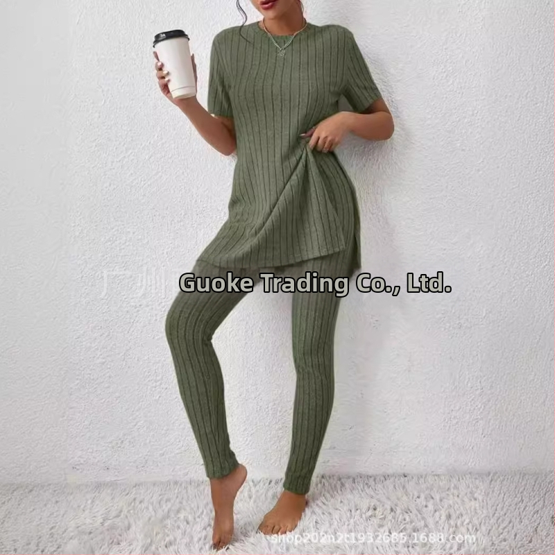 2025 Nový európsky a americký pletený oblek z Amazonu, ležérny slim-fit oblek, jednofarebný rebrovaný dlhý nohavicový oblek pre ženy