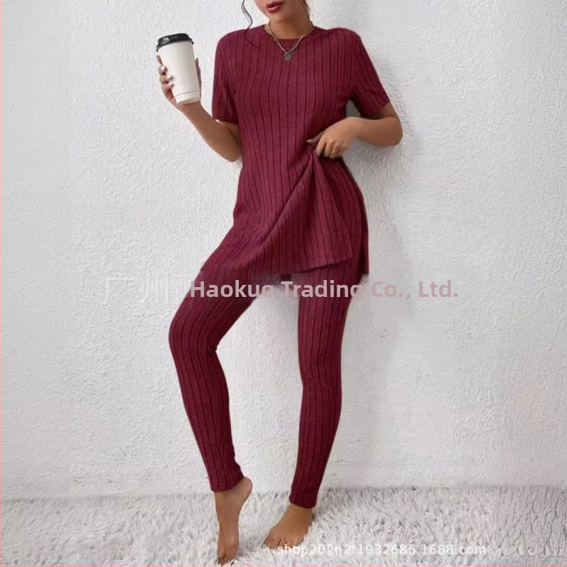 2025 Nový európsky a americký pletený oblek z Amazonu, ležérny slim-fit oblek, jednofarebný rebrovaný dlhý nohavicový oblek pre ženy