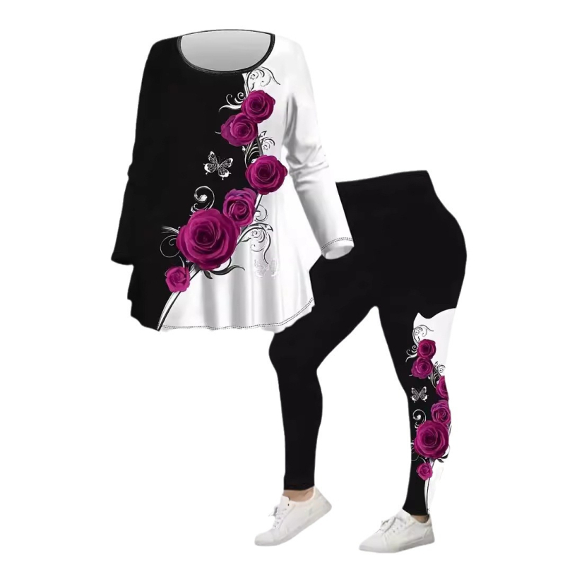 Amazon dugih rukava s biljnim cvjetnim printom, europske i američke prekogranične uske joga hlače, Wa36+Wc1