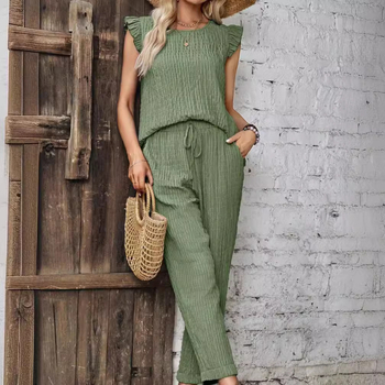 Ženska odjeća Cross-Border Spot 24 Ljeto Vrući stil Aliexpress Jednobojno Okrugli izrez Bez rukava Prsluk Široke Nogavice Hlače Odijelo