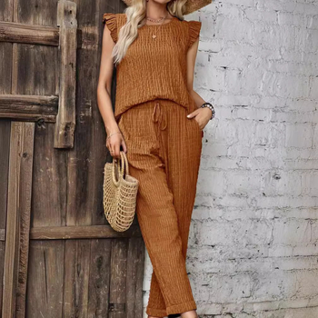 Ženska odjeća Cross-Border Spot 24 Ljeto Vrući stil Aliexpress Jednobojno Okrugli izrez Bez rukava Prsluk Široke Nogavice Hlače Odijelo
