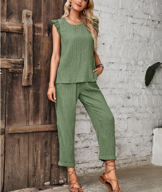 Ženska odjeća Cross-Border Spot 24 Ljeto Vrući stil Aliexpress Jednobojno Okrugli izrez Bez rukava Prsluk Široke Nogavice Hlače Odijelo