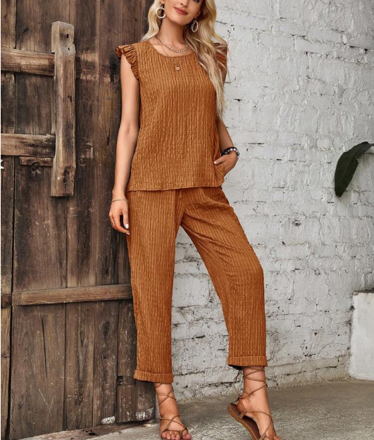 Ženska odjeća Cross-Border Spot 24 Ljeto Vrući stil Aliexpress Jednobojno Okrugli izrez Bez rukava Prsluk Široke Nogavice Hlače Odijelo