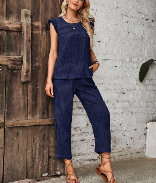 Ženska odjeća Cross-Border Spot 24 Ljeto Vrući stil Aliexpress Jednobojno Okrugli izrez Bez rukava Prsluk Široke Nogavice Hlače Odijelo