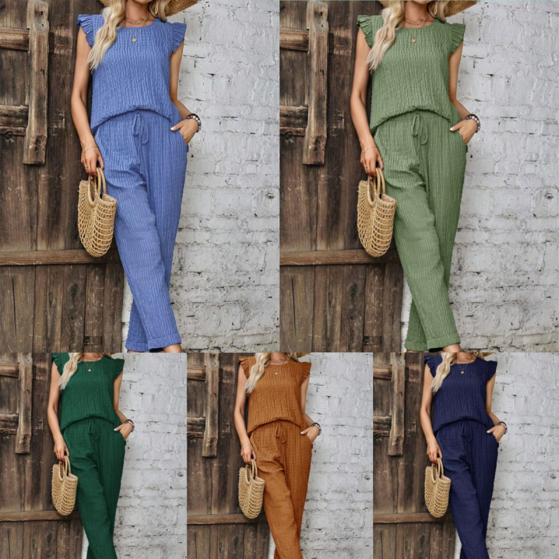 Ženska odjeća Cross-Border Spot 24 Ljeto Vrući stil Aliexpress Jednobojno Okrugli izrez Bez rukava Prsluk Široke Nogavice Hlače Odijelo