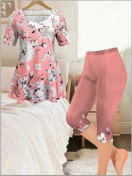 2025 Cezhraničný európsky a americký jarný a letný dámsky nový farebný módny ležérny oblek s krátkym rukávom a kvetinovou potlačou, dvojdielny