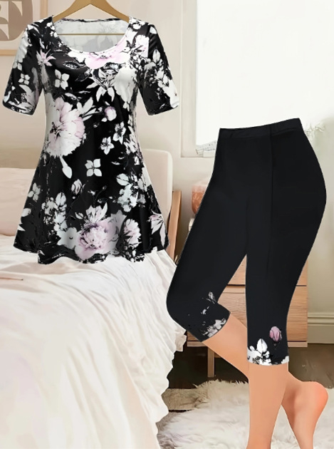 2025 Cezhraničný európsky a americký jarný a letný dámsky nový farebný módny ležérny oblek s krátkym rukávom a kvetinovou potlačou, dvojdielny