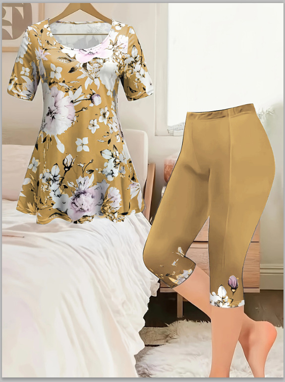 2025 Cezhraničný európsky a americký jarný a letný dámsky nový farebný módny ležérny oblek s krátkym rukávom a kvetinovou potlačou, dvojdielny