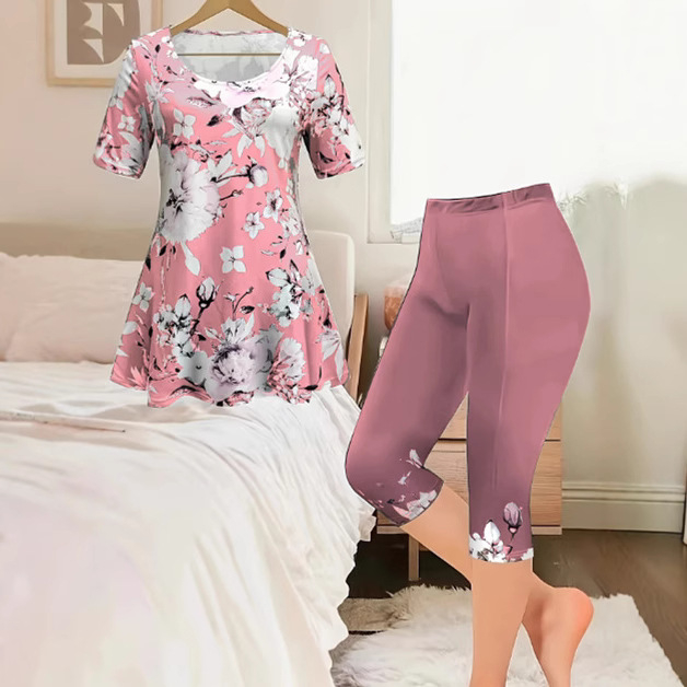 2025 Cezhraničný európsky a americký jarný a letný dámsky nový farebný módny ležérny oblek s krátkym rukávom a kvetinovou potlačou, dvojdielny