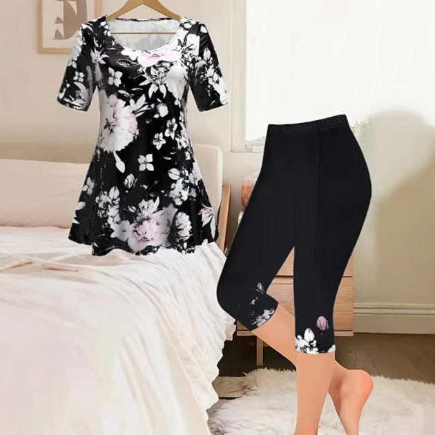 2025 Cezhraničný európsky a americký jarný a letný dámsky nový farebný módny ležérny oblek s krátkym rukávom a kvetinovou potlačou, dvojdielny