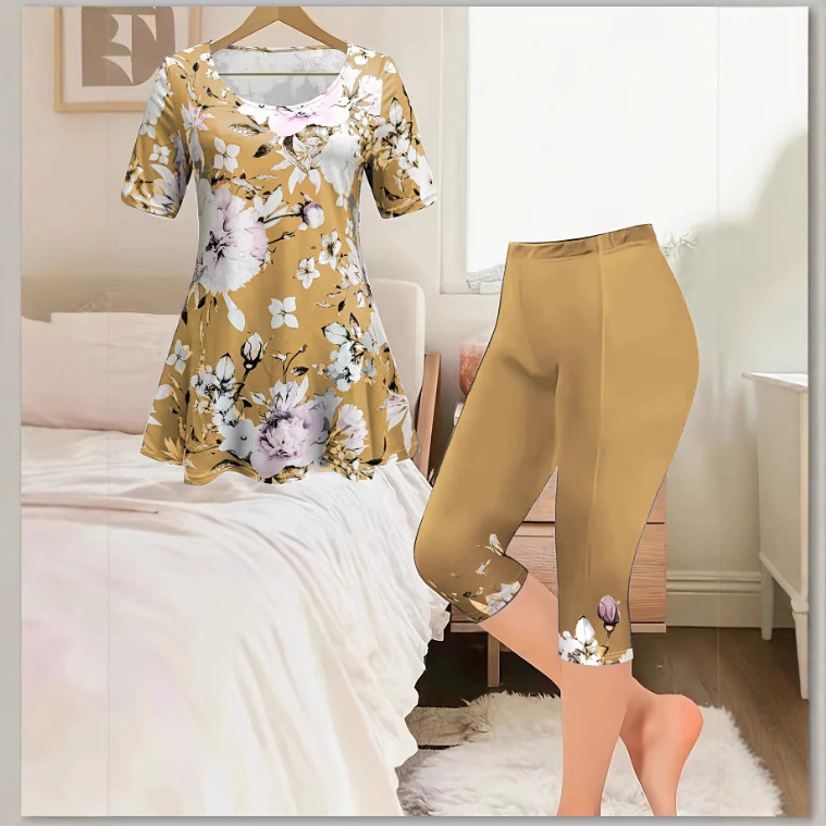 2025 Cezhraničný európsky a americký jarný a letný dámsky nový farebný módny ležérny oblek s krátkym rukávom a kvetinovou potlačou, dvojdielny