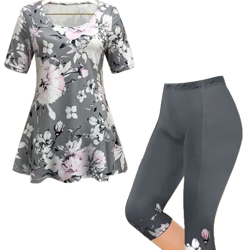 2025 Cezhraničný európsky a americký jarný a letný dámsky nový farebný módny ležérny oblek s krátkym rukávom a kvetinovou potlačou, dvojdielny