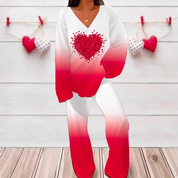 Novi ženski printani široki uski top s V-izrezom i ležernim hlačama za proljeće i jesen WB14 ML8