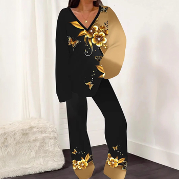 Novi ženski printani široki uski top s V-izrezom i ležernim hlačama za proljeće i jesen WB14 ML8