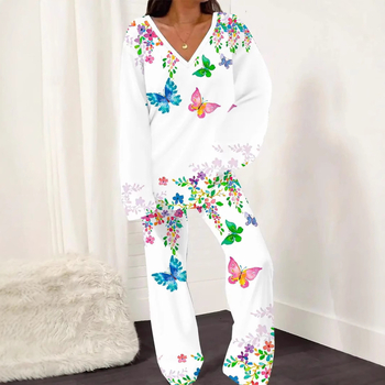 Novi ženski printani široki uski top s V-izrezom i ležernim hlačama za proljeće i jesen WB14 ML8