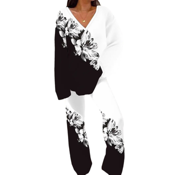 Novi ženski printani široki uski top s V-izrezom i ležernim hlačama za proljeće i jesen WB14 ML8