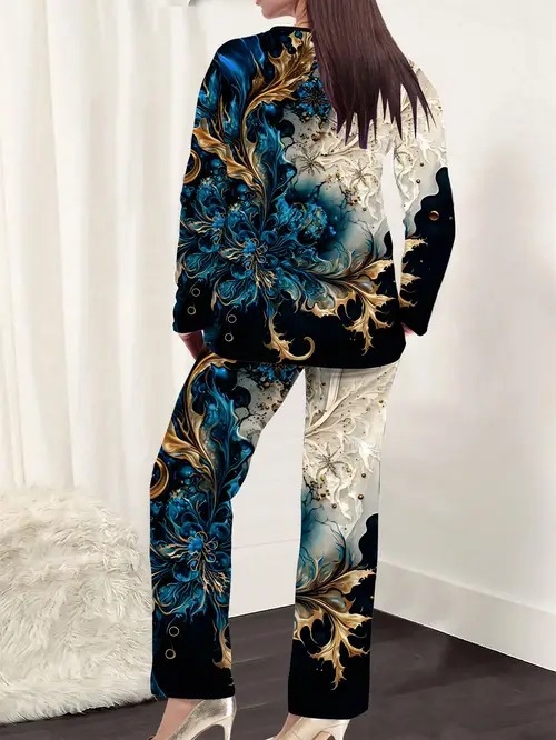 Novi ženski printani široki uski top s V-izrezom i ležernim hlačama za proljeće i jesen WB14 ML8