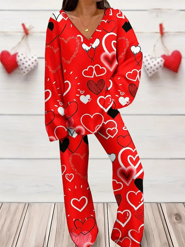 Novi ženski printani široki uski top s V-izrezom i ležernim hlačama za proljeće i jesen WB14 ML8