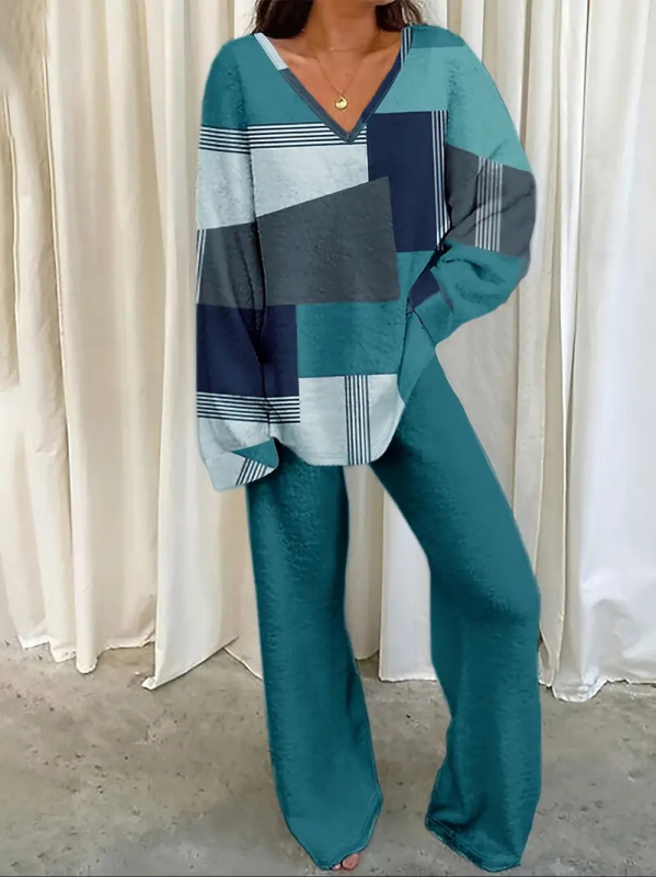 Novi ženski printani široki uski top s V-izrezom i ležernim hlačama za proljeće i jesen WB14 ML8