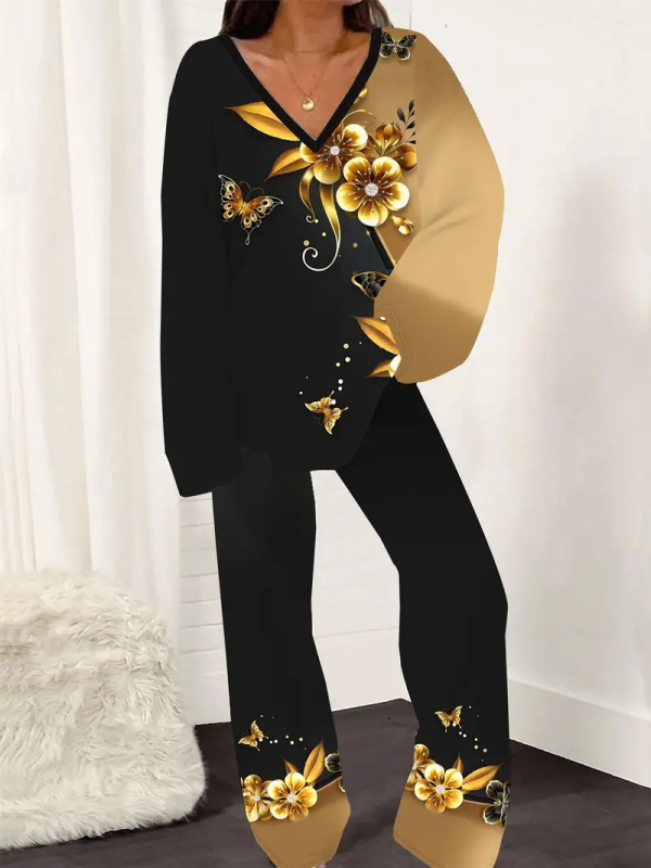 Novi ženski printani široki uski top s V-izrezom i ležernim hlačama za proljeće i jesen WB14 ML8