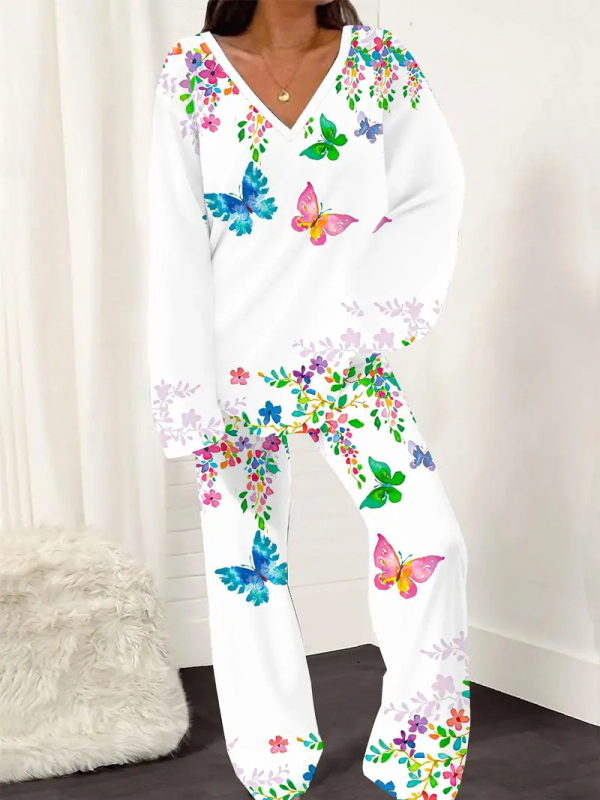 Novi ženski printani široki uski top s V-izrezom i ležernim hlačama za proljeće i jesen WB14 ML8