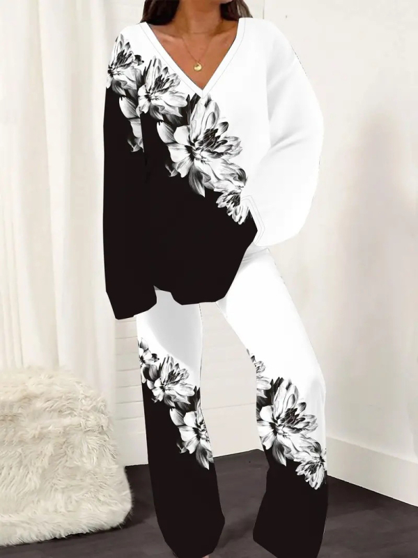 Novi ženski printani široki uski top s V-izrezom i ležernim hlačama za proljeće i jesen WB14 ML8