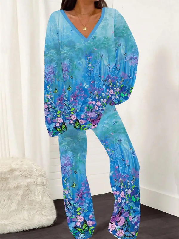 Novi ženski printani široki uski top s V-izrezom i ležernim hlačama za proljeće i jesen WB14 ML8