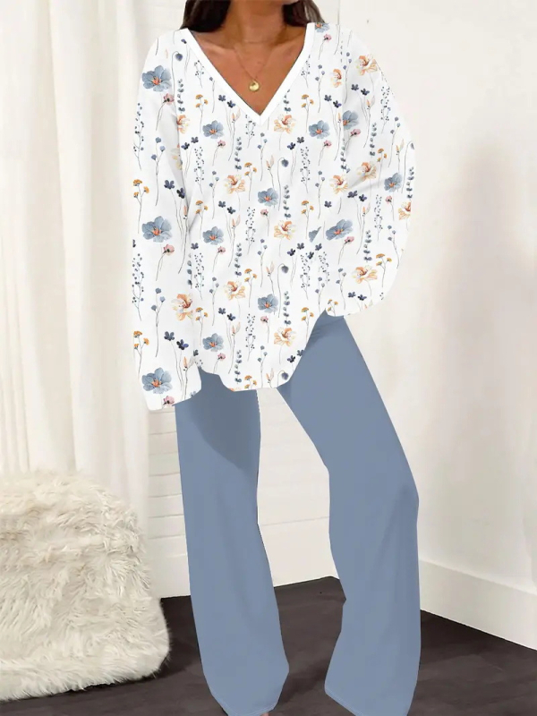 Novi ženski printani široki uski top s V-izrezom i ležernim hlačama za proljeće i jesen WB14 ML8