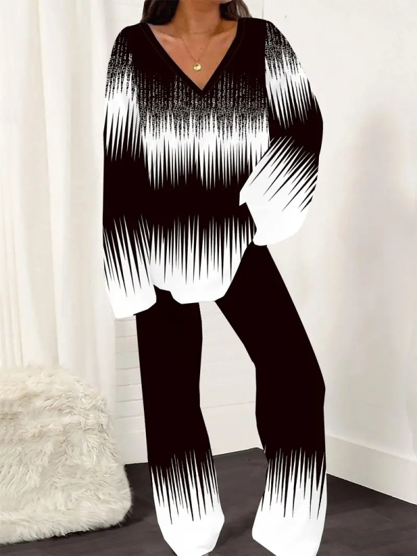 Novi ženski printani široki uski top s V-izrezom i ležernim hlačama za proljeće i jesen WB14 ML8