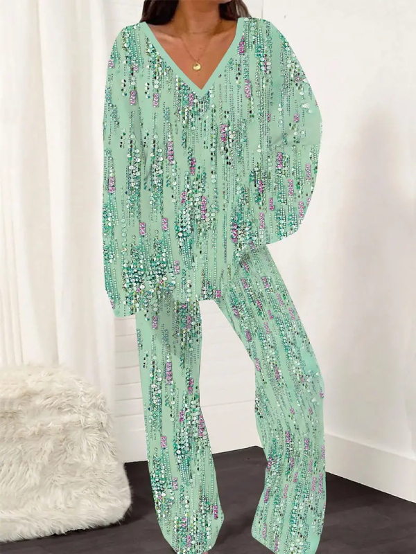 Novi ženski printani široki uski top s V-izrezom i ležernim hlačama za proljeće i jesen WB14 ML8