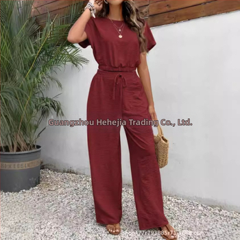 Νέο καλοκαιρινό, δημοφιλές γυναικείο μονόχρωμο παντελόνι με στρογγυλή λαιμόκοψη, λεπτό αμάνικο τοπ, 2024