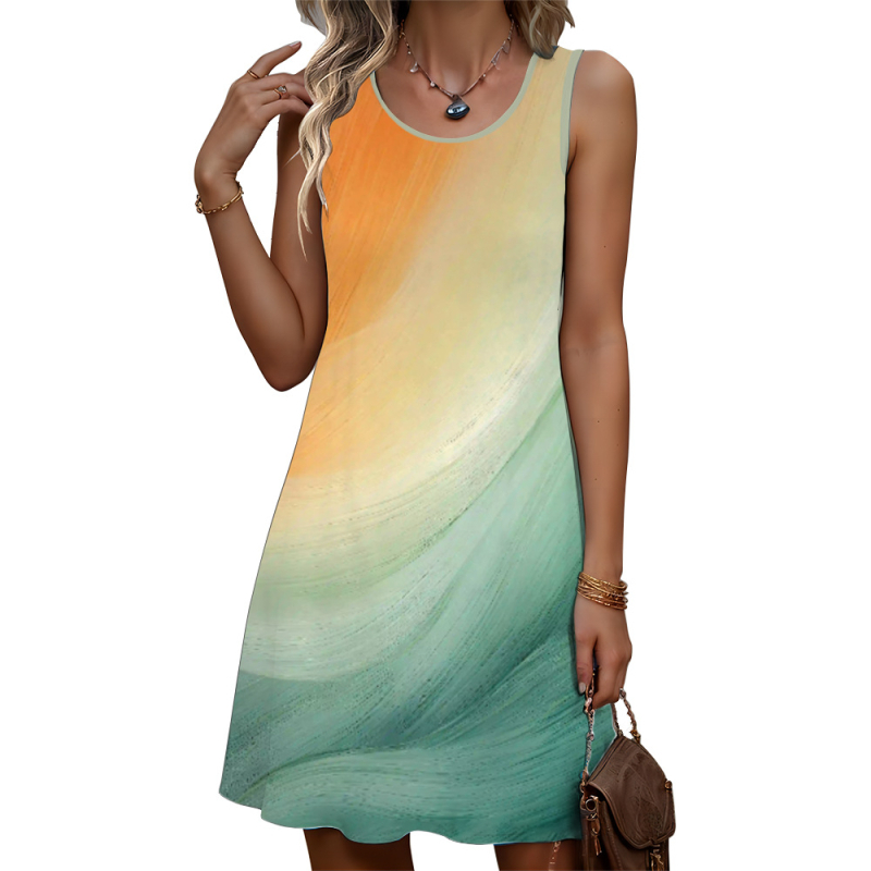 Rochie de vară nouă pentru femei, cu imprimeu 3D, casual, cu guler rotund, fără mâneci, de la stația independentă transfrontalieră Temu