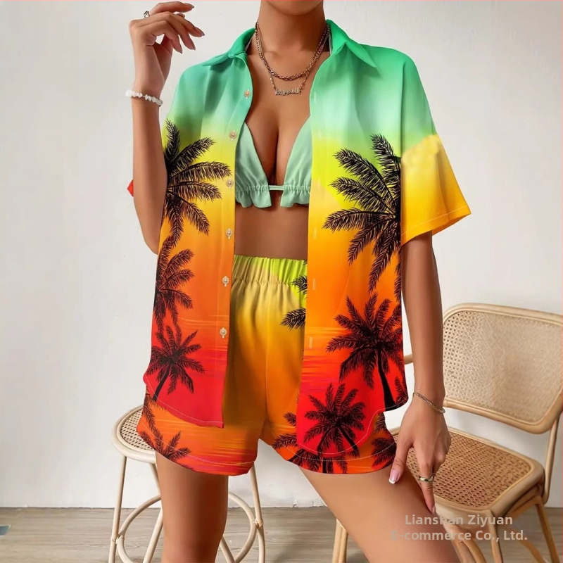 2025 Nové Amazon Crossborder European Hawaiian Style Short Rukávové Košeľa s Kraťasmi MB1 MA1