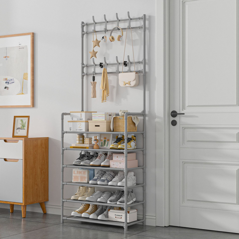 Kinga- ja mütsiriiul, põrandal seisev, integreeritud multifunktsionaalne üürimaja kingakapp, lihtne kingariiul, majapidamisuks, mitmekihiline hoiuriiul