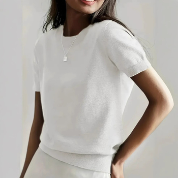 Zahraničný obchod cezhraničný 2025 Leto Nový tenký okrúhly výstrih s krátkym rukávom, pletený dámsky pletený top Čistý voľný dámsky top