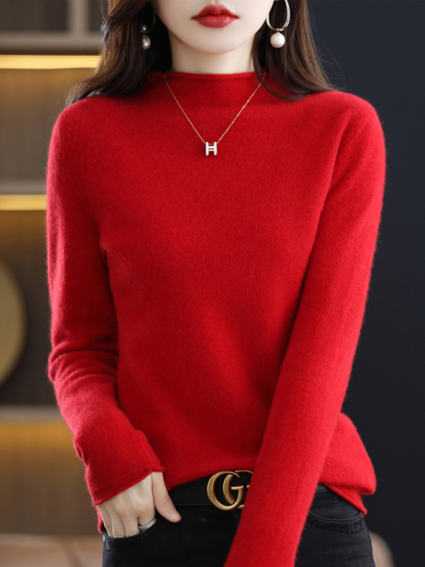 Dámsky pletený sveter s polovičným rolákom a vlnou, 100% vlna, jeseň a zima 2024, kašmírový sveter v západnom štýle
