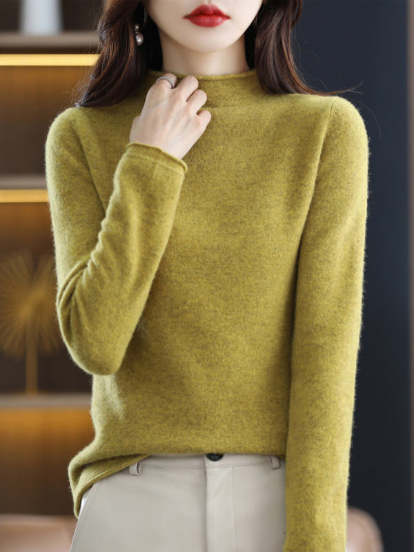 Dámsky pletený sveter s polovičným rolákom a vlnou, 100% vlna, jeseň a zima 2024, kašmírový sveter v západnom štýle