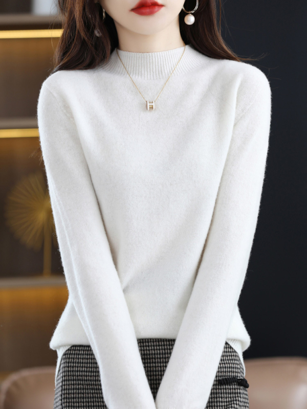 Dámsky pletený sveter s polovičným rolákom a vlnou, 100% vlna, jeseň a zima 2024, kašmírový sveter v západnom štýle