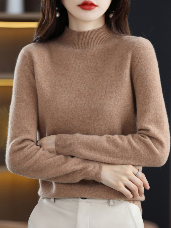 Dámsky pletený sveter s polovičným rolákom a vlnou, 100% vlna, jeseň a zima 2024, kašmírový sveter v západnom štýle