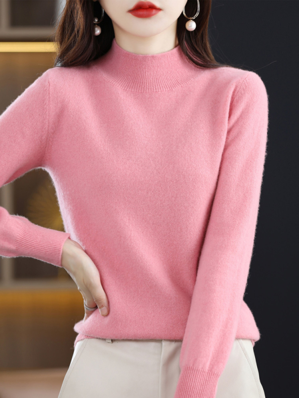 Dámsky pletený sveter s polovičným rolákom a vlnou, 100% vlna, jeseň a zima 2024, kašmírový sveter v západnom štýle