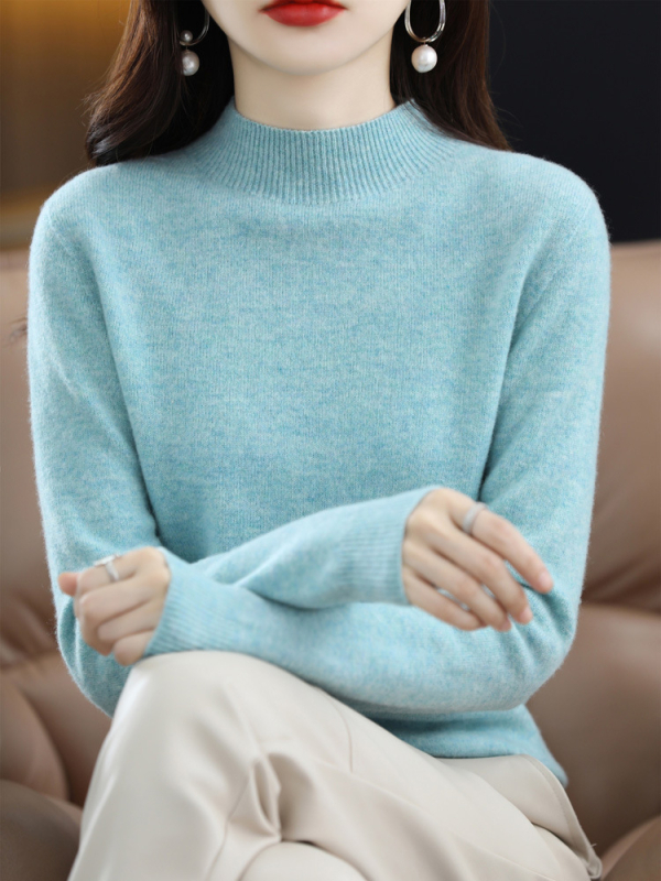 Dámsky pletený sveter s polovičným rolákom a vlnou, 100% vlna, jeseň a zima 2024, kašmírový sveter v západnom štýle