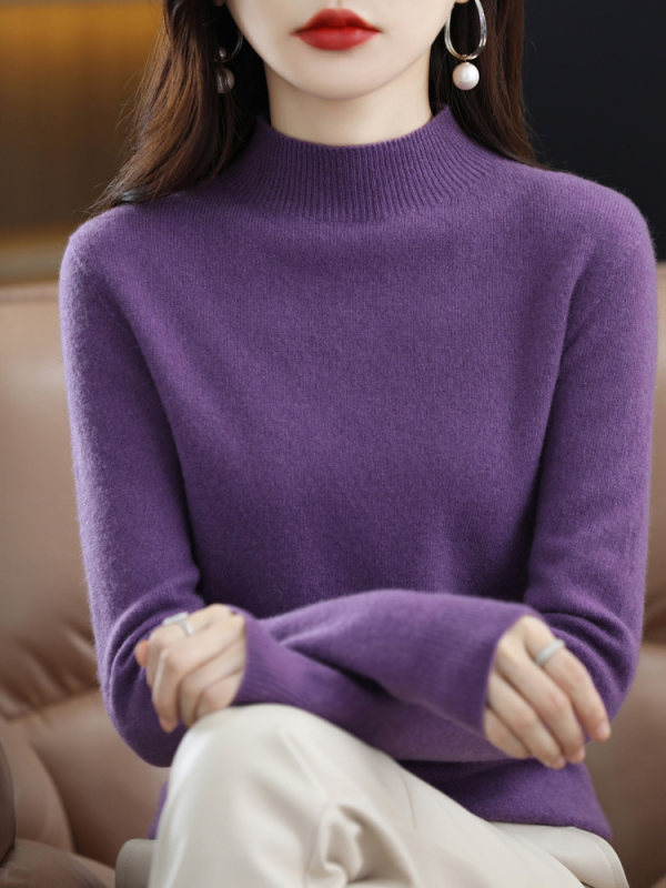 Dámsky pletený sveter s polovičným rolákom a vlnou, 100% vlna, jeseň a zima 2024, kašmírový sveter v západnom štýle