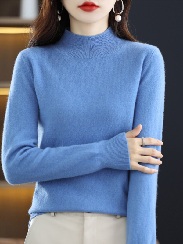 Dámsky pletený sveter s polovičným rolákom a vlnou, 100% vlna, jeseň a zima 2024, kašmírový sveter v západnom štýle
